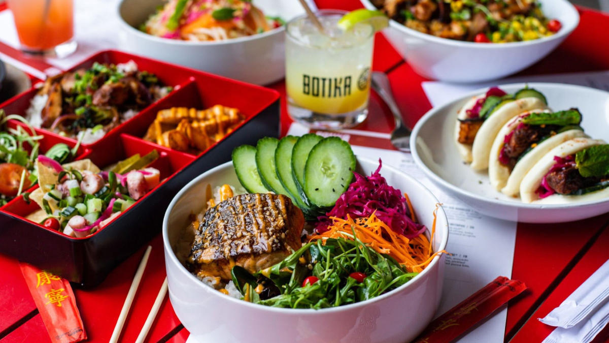 Spread of plated food and drinks