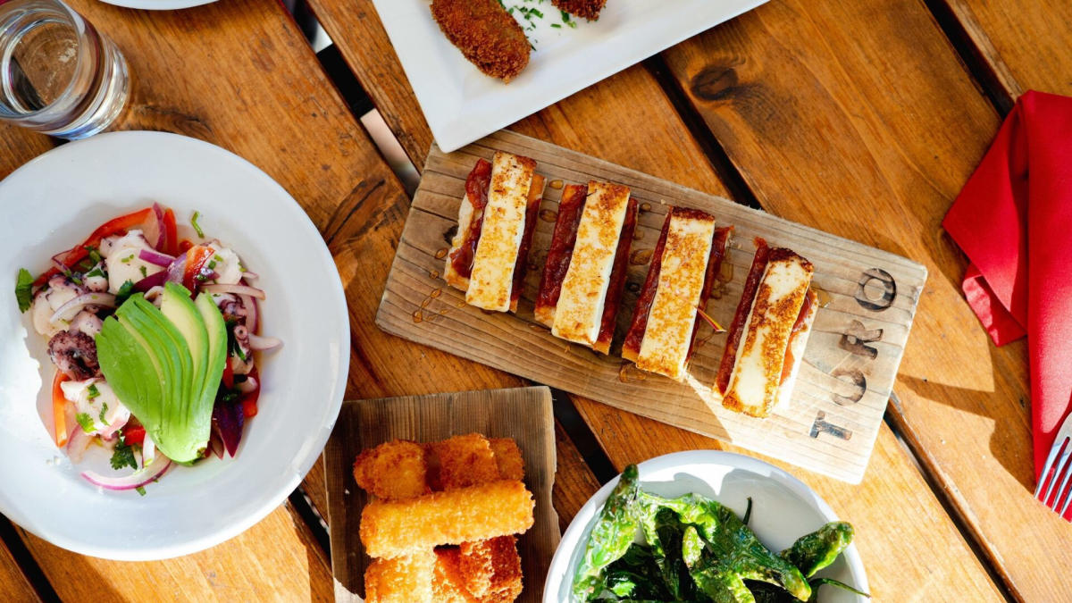 Overhead spread of food
