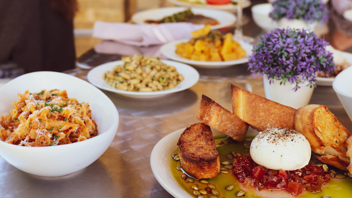 Food spread with Italian dishes