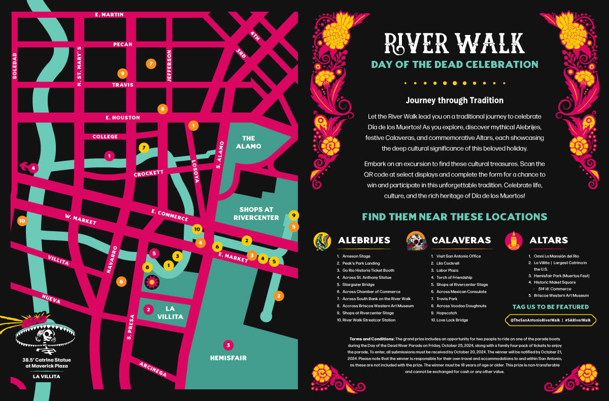 Map of Alebrijes, calaveras, and altar locations