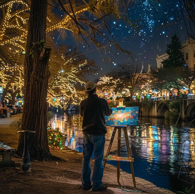 man painting on canvas outside of San Antonio Art League + Museum