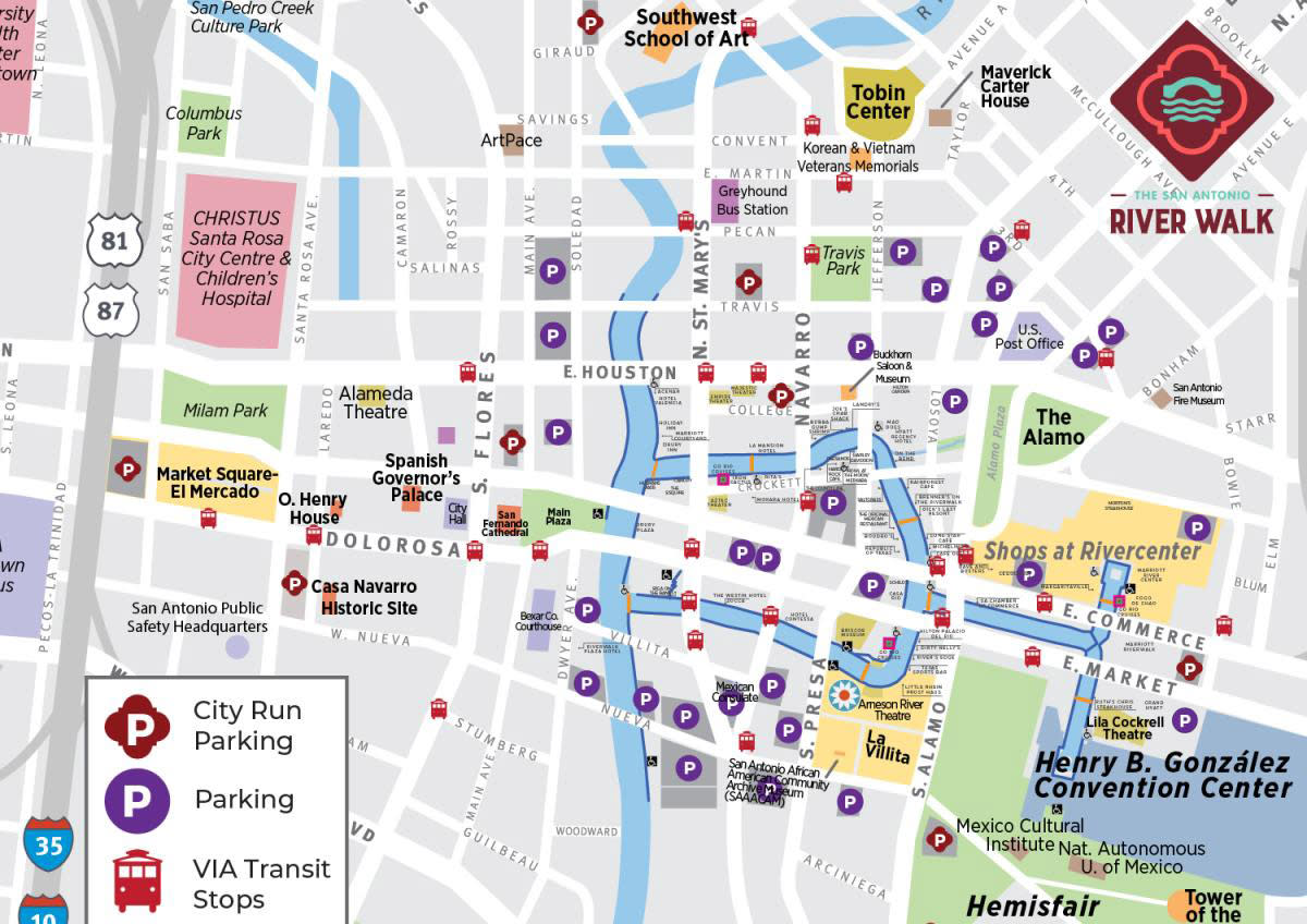 Map of parking areas in downtown San Antonio