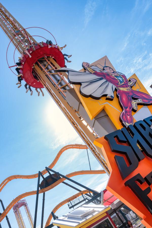 Tilted view of tower ride at Six Flags Fiesta Texas.