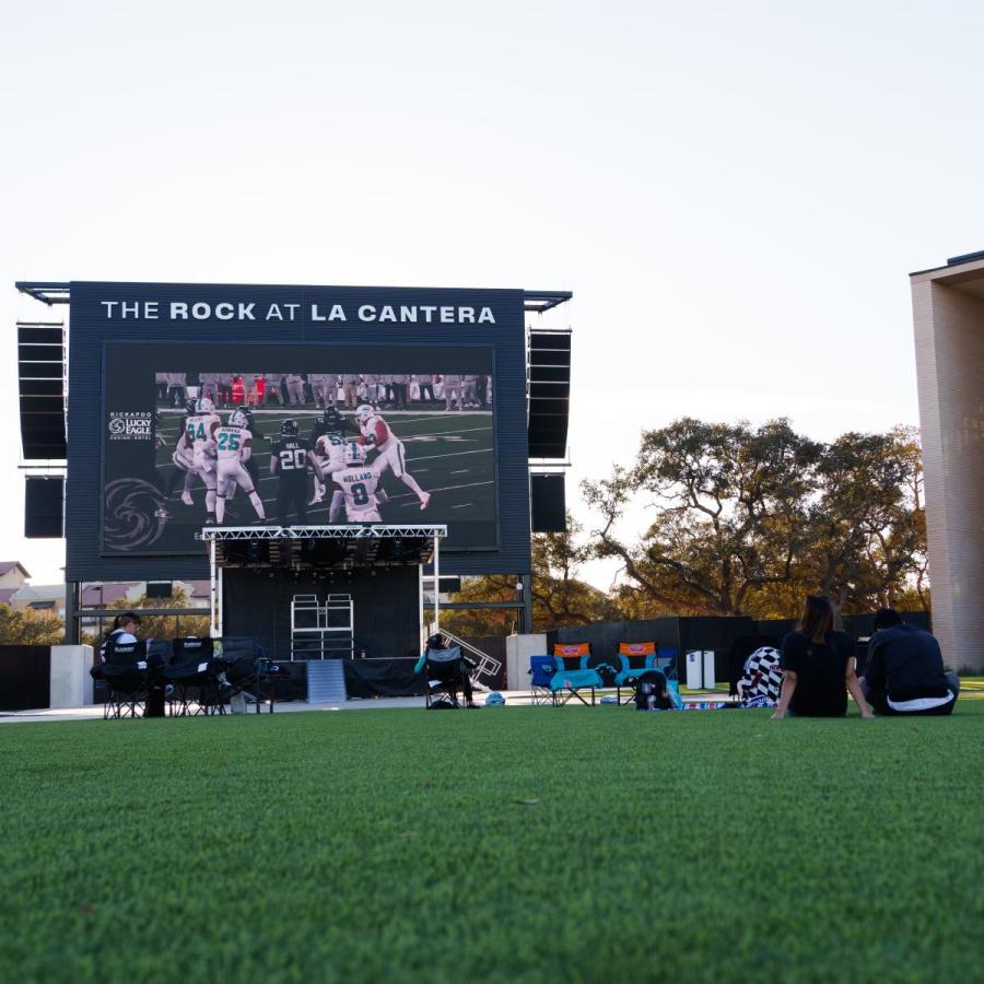 people watching game on big screen outside