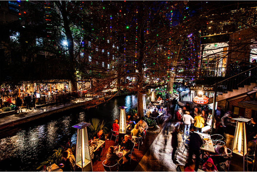 San Antonio River Walk at night with holiday lights