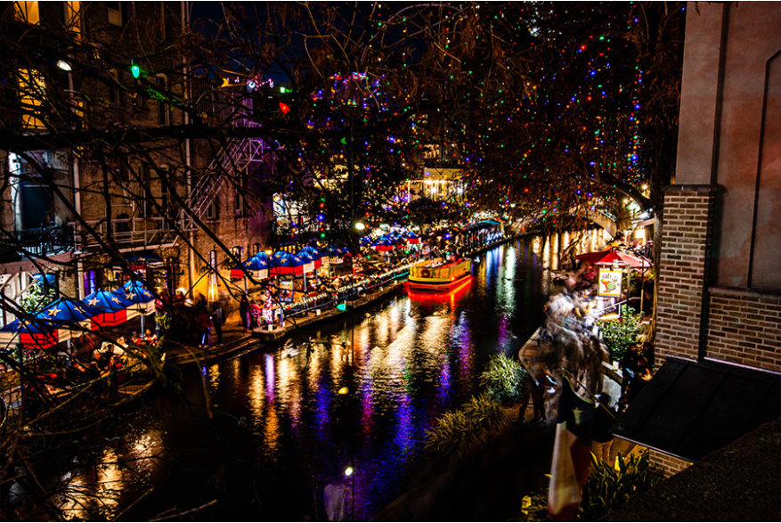 River Walk at night with holiday lights
