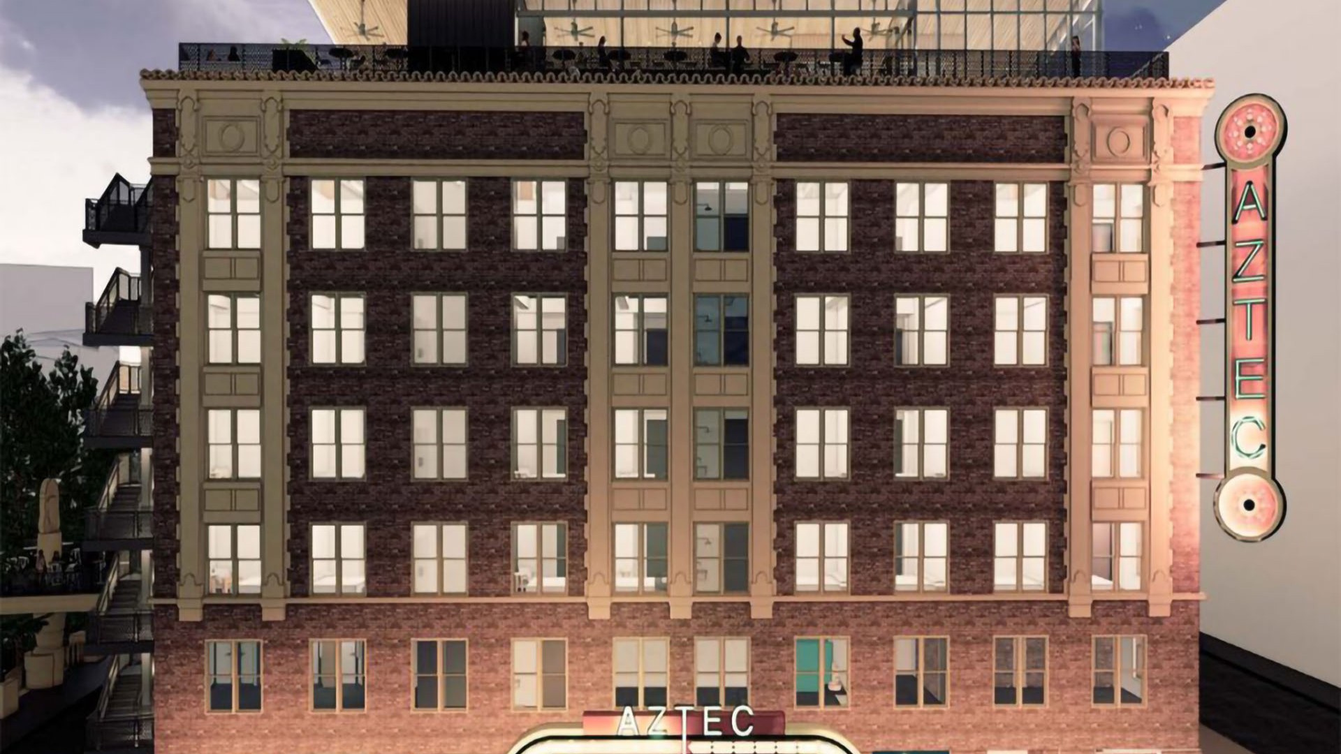 Exterior view of Aztec Hotel building in San Antonio.