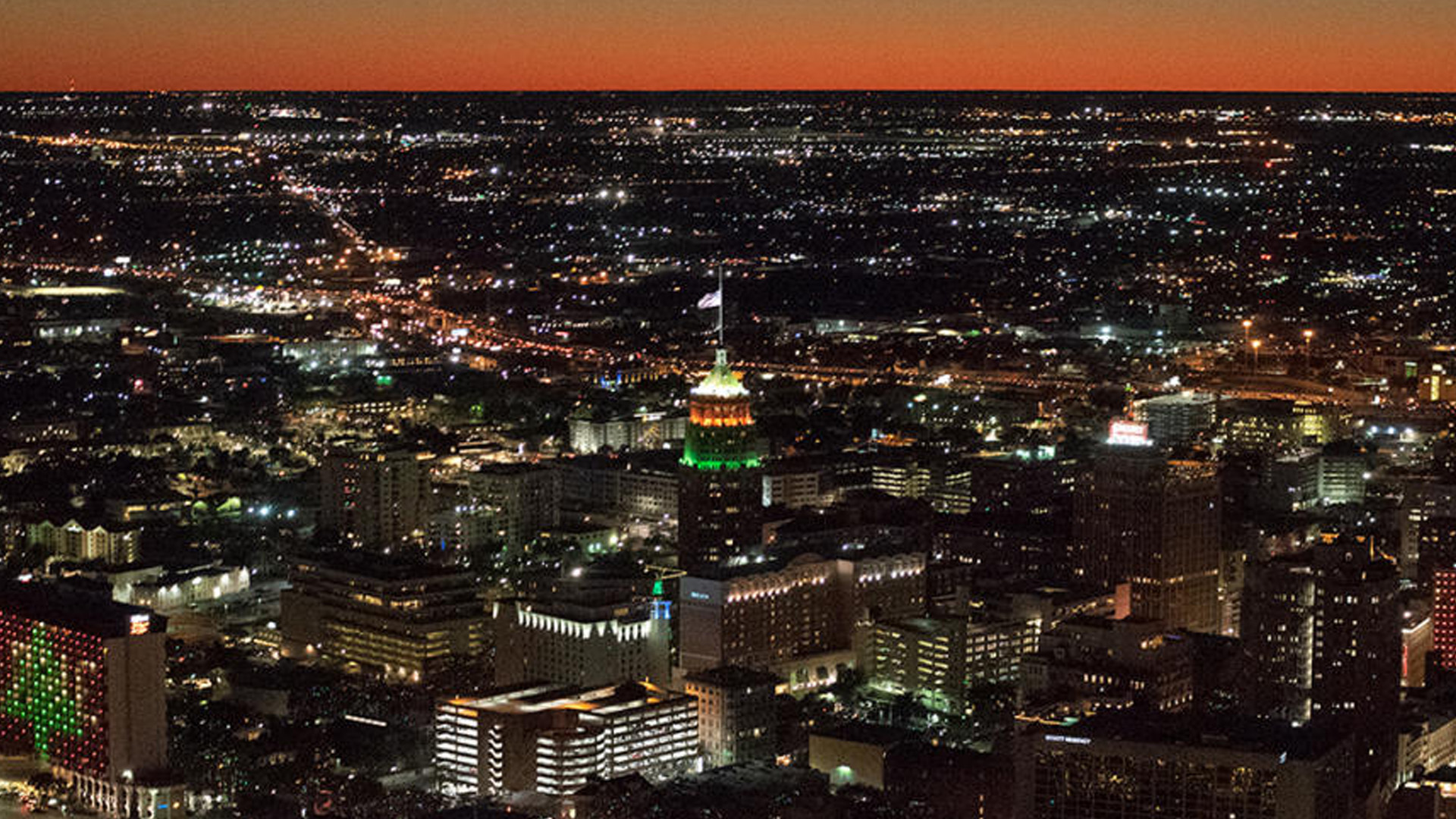 Birds eye view of San Antonio at night.