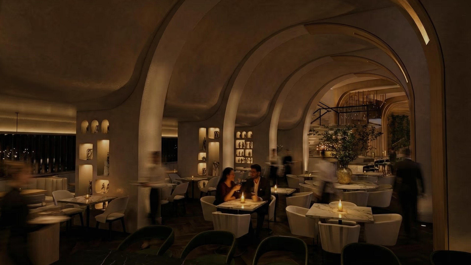Dimly lit elegant dining area.