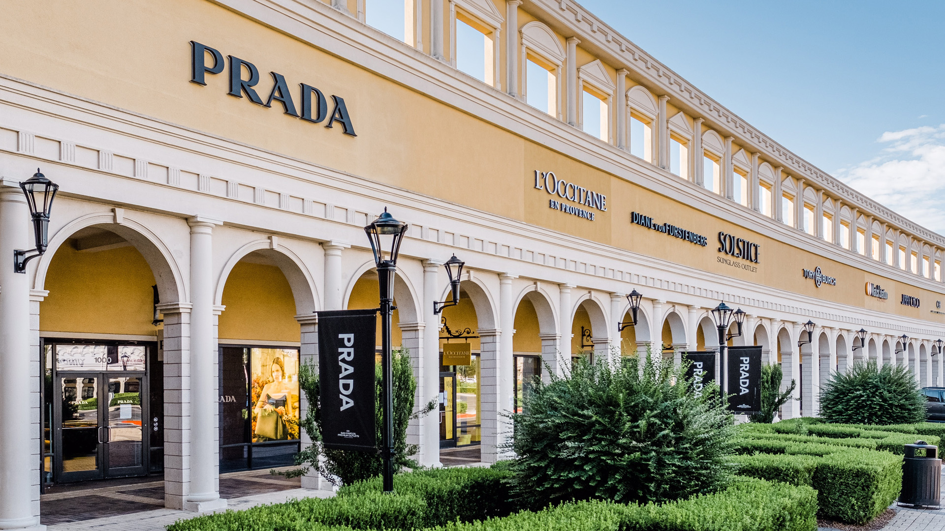 Exterior view of storefronts at San Marcos Premium Outlets.