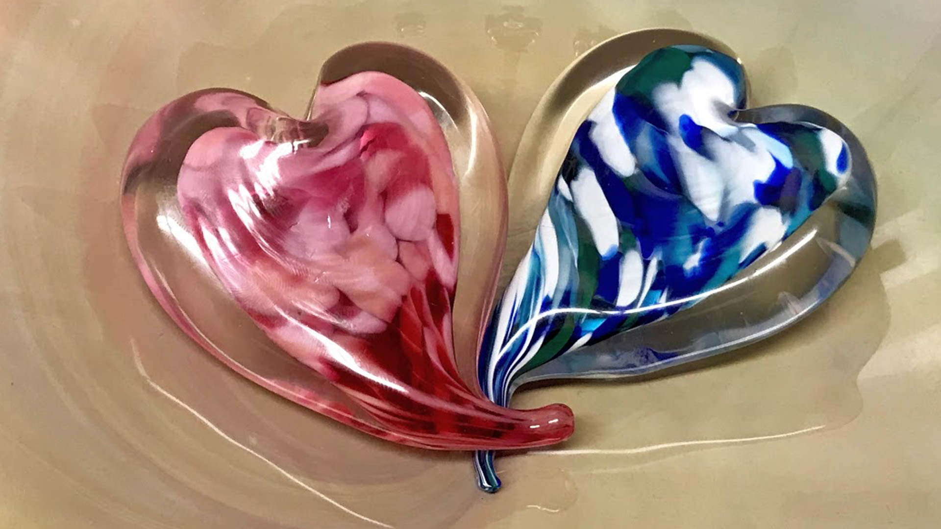 Heart-shaped glass blown at Caliente Hot Glass.