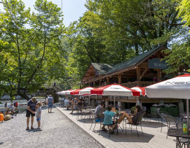 Outdoor dining along the river