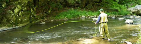 a man stands at the bank of a river casting a fishing line into the water