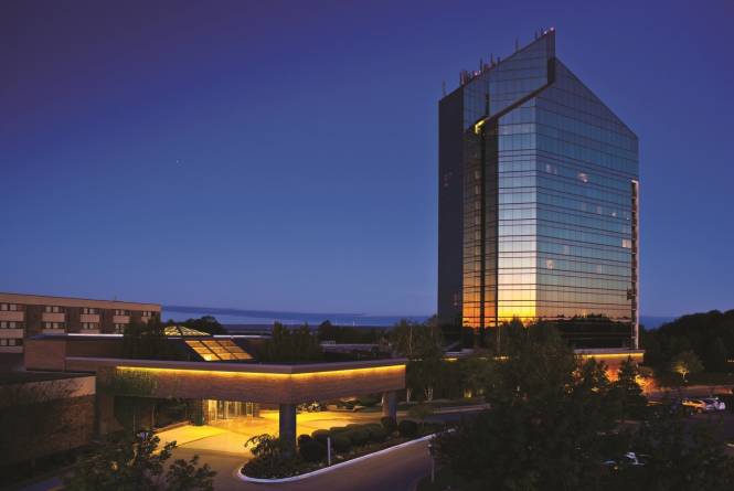 Night Shot of 17-Story Glass Tower