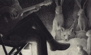 three trees vineyard photo illustrating three bunnies, a fox, and a squirrel listening to a man playing an acoustic guitar