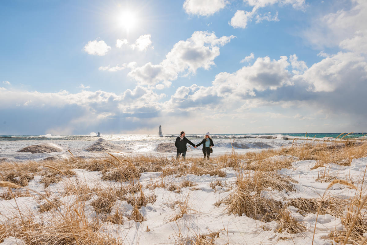 Couple at Frankfort Beach in Winter