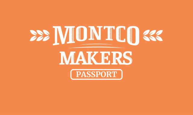 Orange background color featuring cream colored text "MONTCO MAKERS PASSPORT" inside of barley leaves. Tap the image to access your new Montco Makers Passport