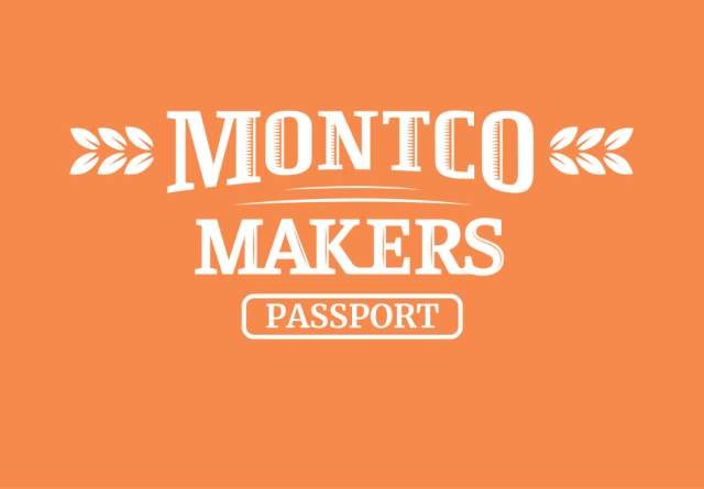 Orange background color featuring cream colored text "MONTCO MAKERS PASSPORT" inside of barley leaves. Tap the image to access your new Montco Makers Passport