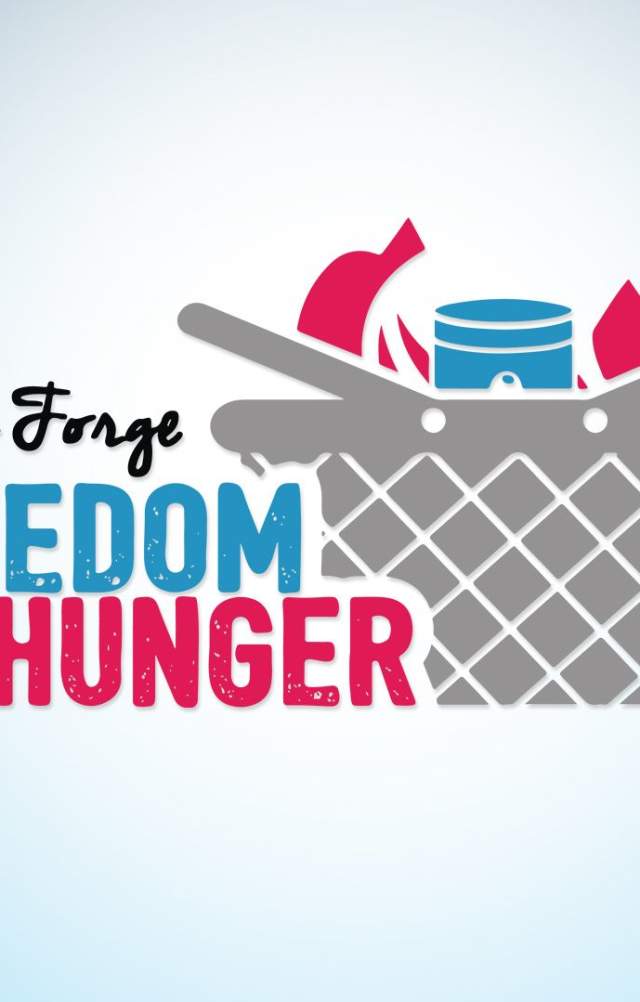 Valley Forge Freedom from Hunger multicolored logo featuring a grocery basket with a canned good and bread. Background color is gradient blue.