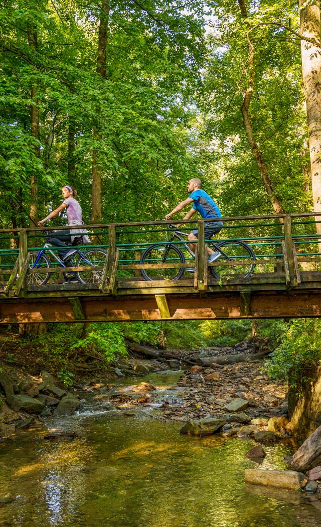 People biking over bridge on Wissahickon Trail