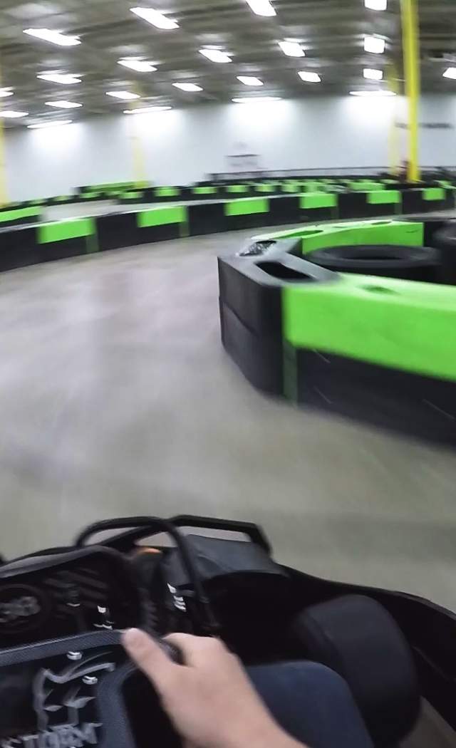 Throwing the kart into the corner at Speed Raceway Horsham