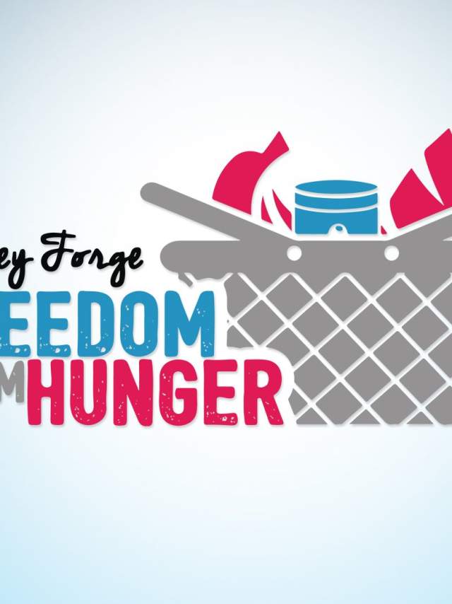 Valley Forge Freedom from Hunger multicolored logo featuring a grocery basket with a canned good and bread. Background color is gradient blue.