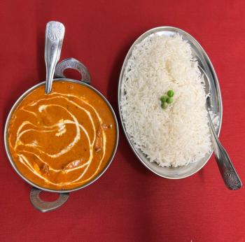 Two dishes served on a red table cloth at Everest Indian Cuisine in Huntingdon Valley