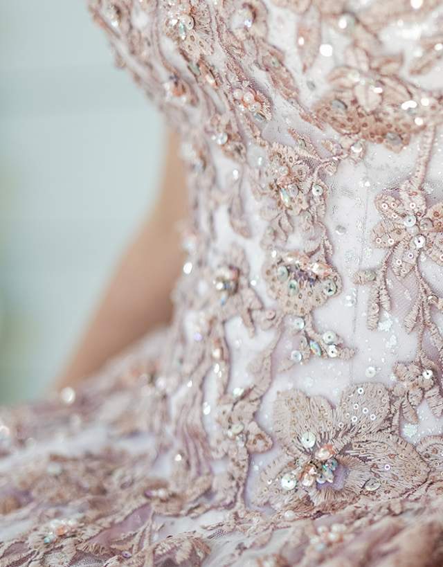 Close up of ornate Quinceañera dress for the DFW Quinceañera Expo.