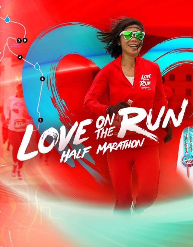 woman running with an artistic heart behind her