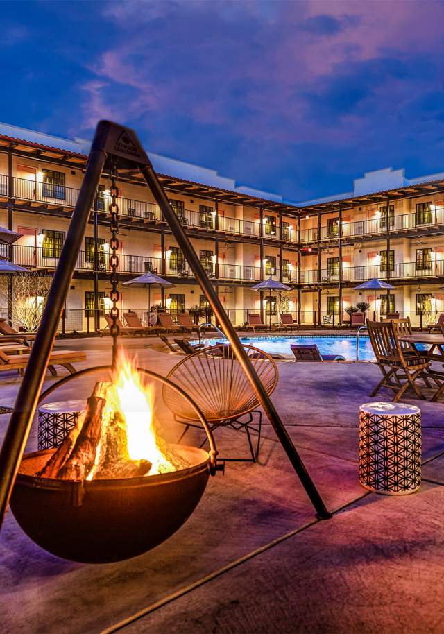 Patio and fire at Texican Court Hotel