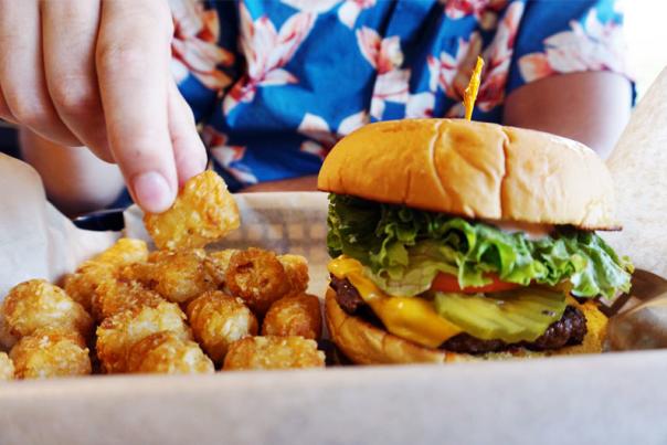 burger with a side of mini hashbrowns