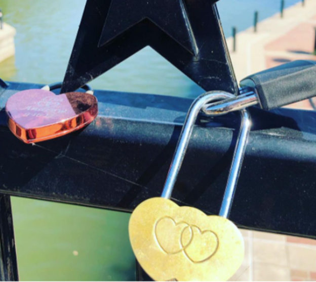 Heart-shaped locks on the Love-Lock Bridge in Irving, TX