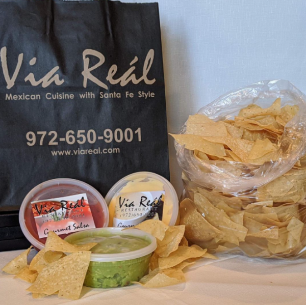 Chips, salsa, and guacamole to go from Via Real in Irving, TX