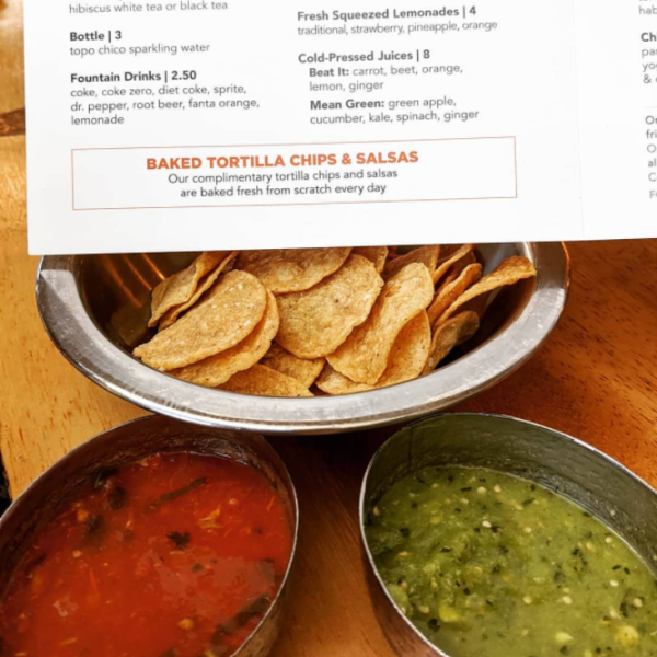 Chips with red and green salsa from Hugo's Invitados in Irving, TX