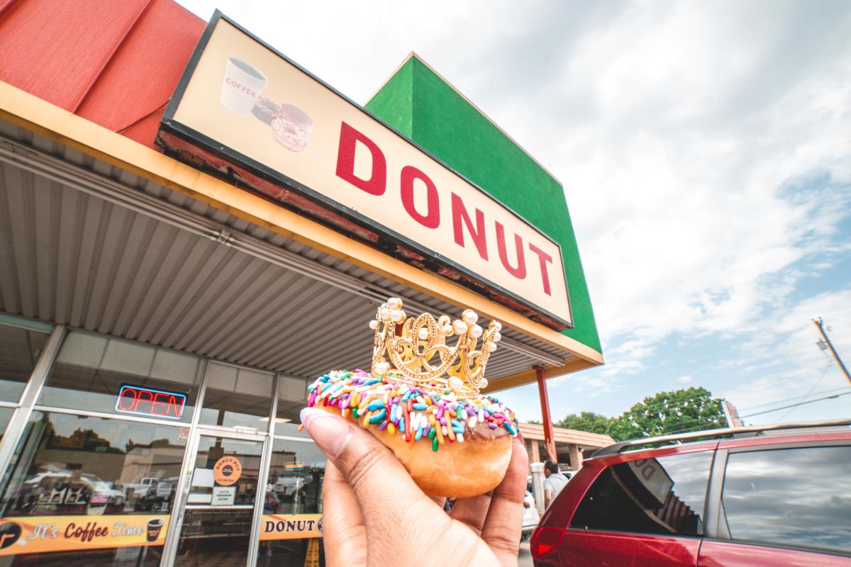 Donut with a Tiara outside of Donut Hut in Irving Texas