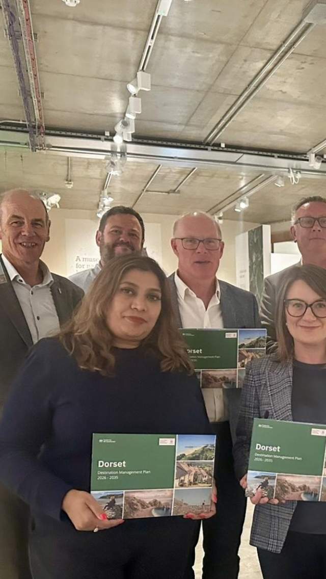 Cllr Richard Biggs, Cllr Richard Herrett, Amena Matin, David Bailey Lyndsey Turner Swift and Matthew Piles at the launch of the Dorset Destination Management Plan at the Dorset Museum & Art Gallery