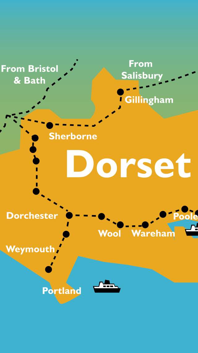 Map showing locations of train station, ferry ports and airport in Dorset