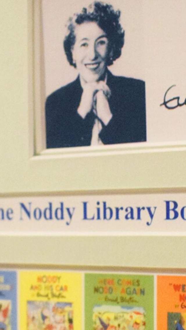 Photo of Enid Blyton and the front covers of the Noddy books