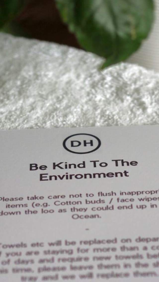 Eco-friendly notice in hotel bathroom at Dorset House in Lyme Regis