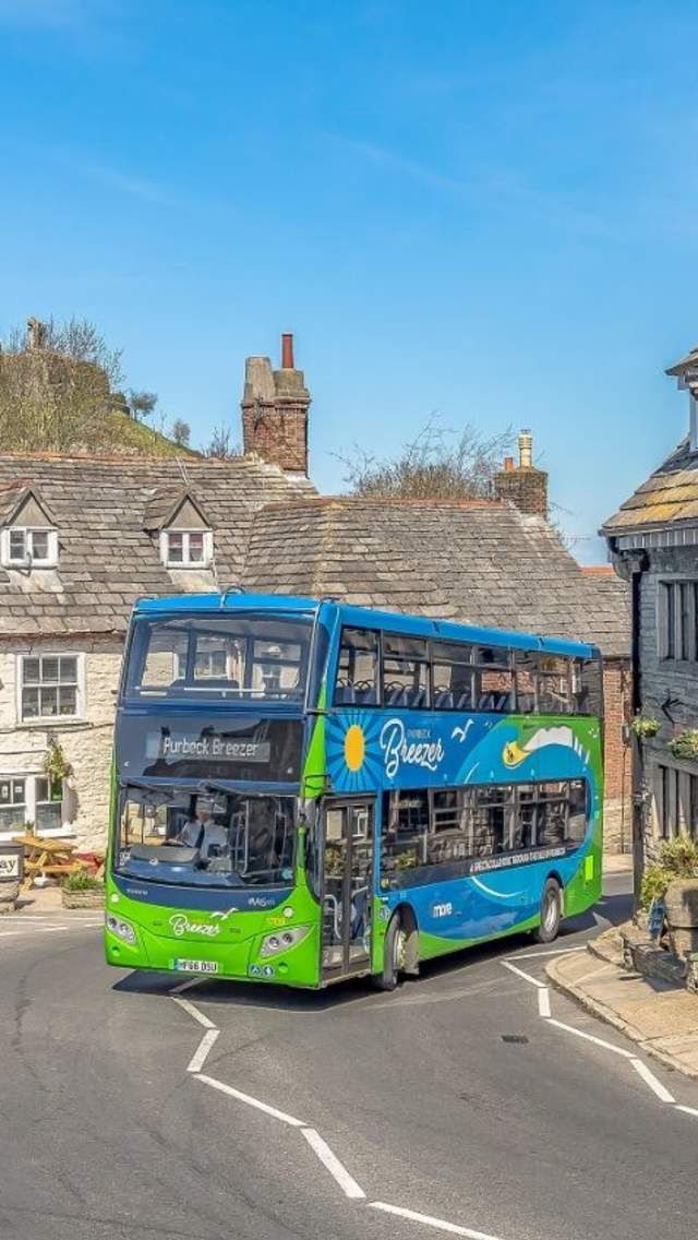 Purbeck Breezer bus at Corfe Castle village