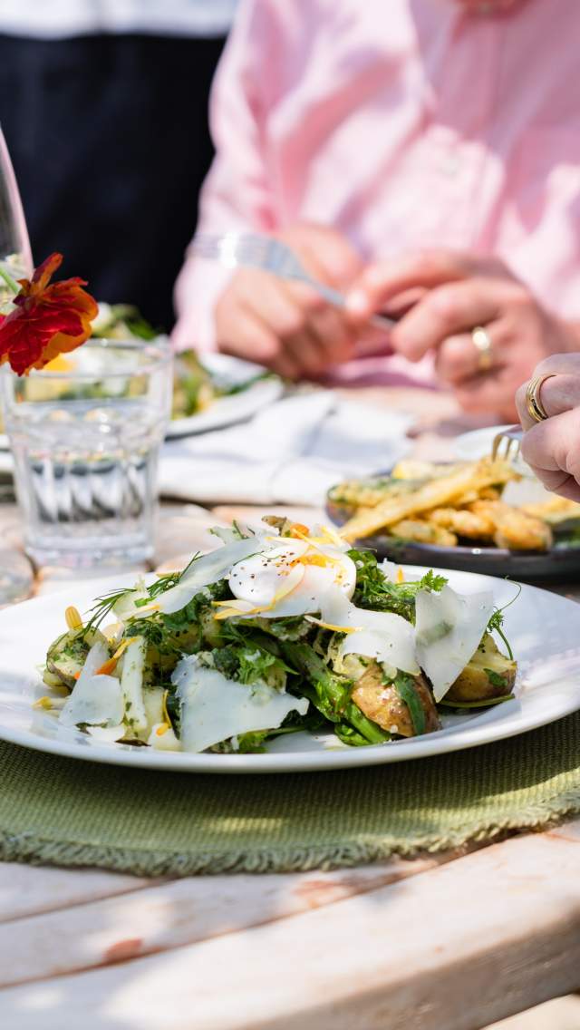 Alfresco dining at Symondsbury Kitchen on the Symondsbury Estate near Bridport in Dorset