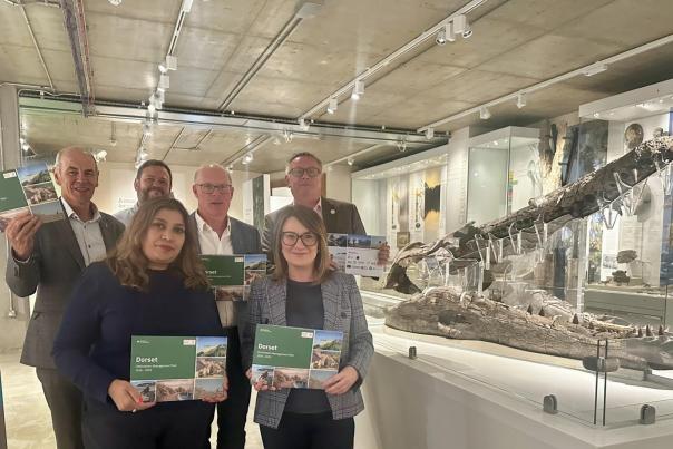 Cllr Richard Biggs, Cllr Richard Herrett, Amena Matin, David Bailey Lyndsey Turner Swift and Matthew Piles at the launch of the Dorset Destination Management Plan at the Dorset Museum & Art Gallery