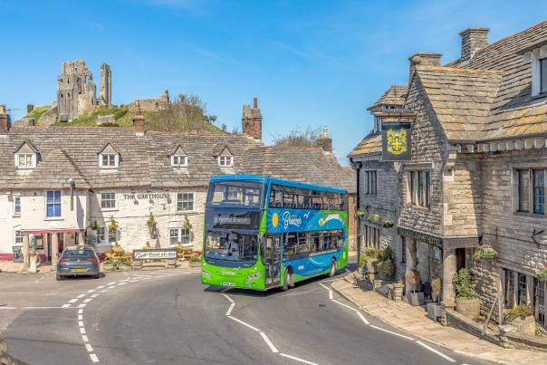 Purbeck Breezer bus at Corfe Castle village