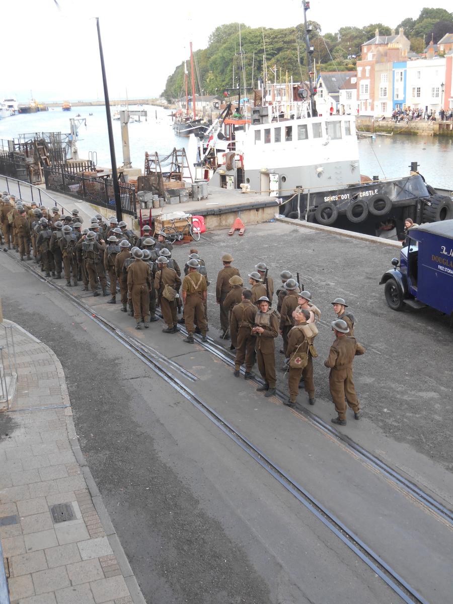 2017 Dunkirk film set troops at Weymouth Harbour in Dorset