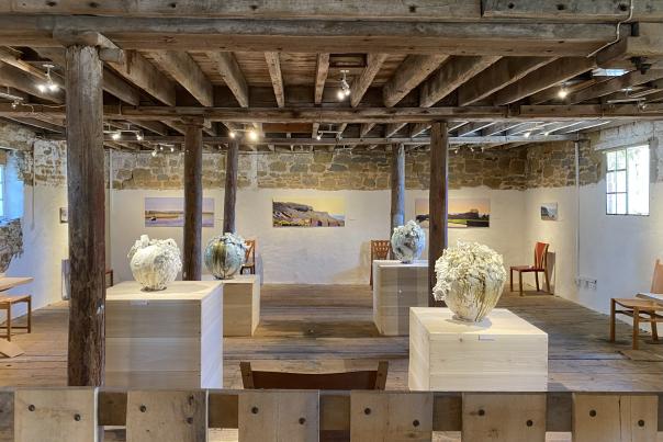 Akiko Hirai Moon Jars with Alex Lowery paintings at Sladers Yard