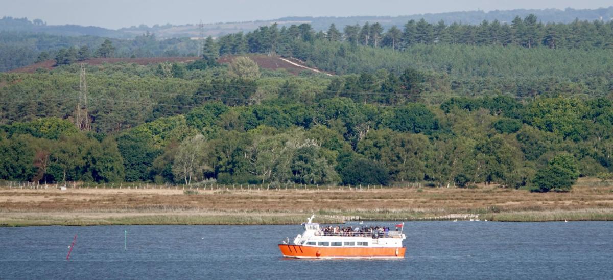 A white and orange boat taking birdwatchers on a sightseeing cruise to view Ospreys in Poole Harbour, Dorset