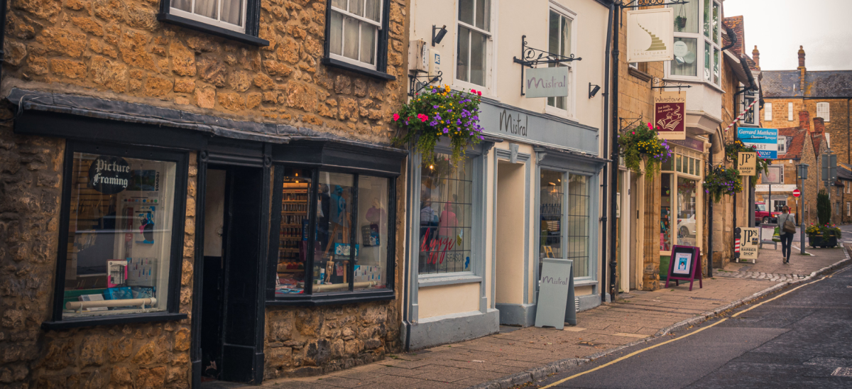 Shops along Cheap Street in Sherborne, Dorset