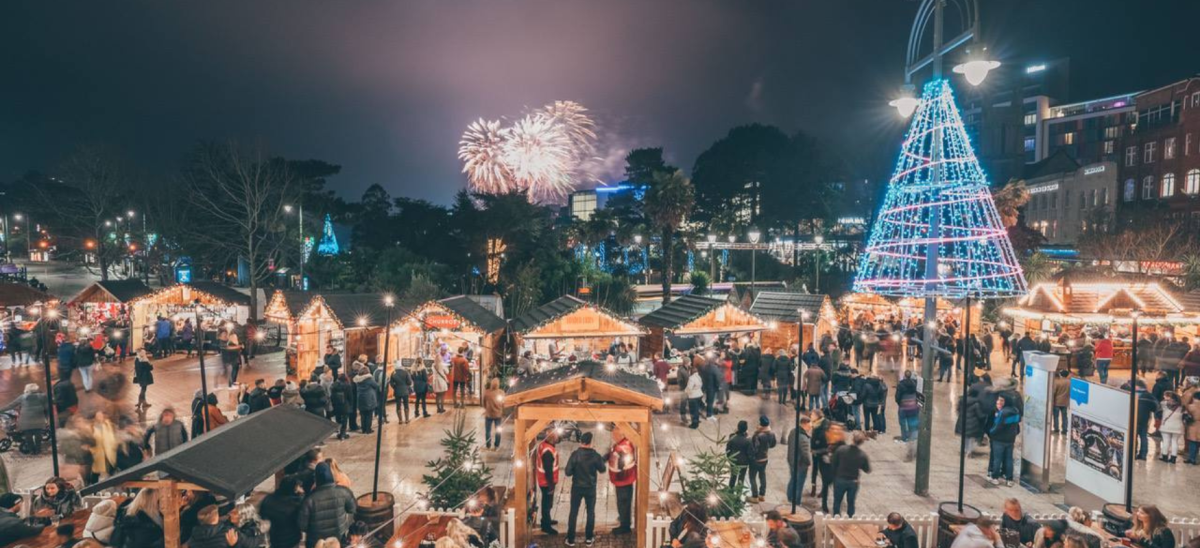 Bournemouth Xmas Market at night with fireworks