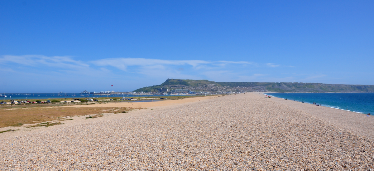 Image show Chesil Beach looking towards Portland