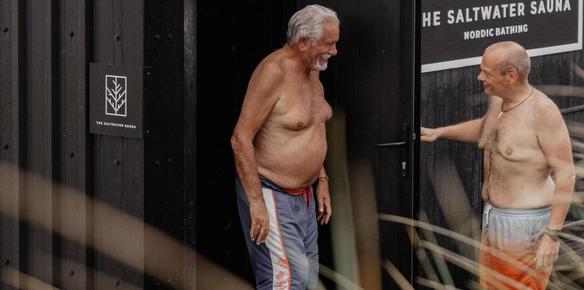 Men outside Saltwater Sauna, Bill Measom